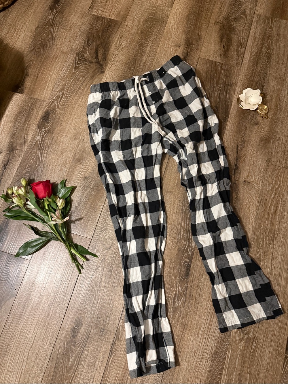 stars above Black and White Plaid Lounge Pants